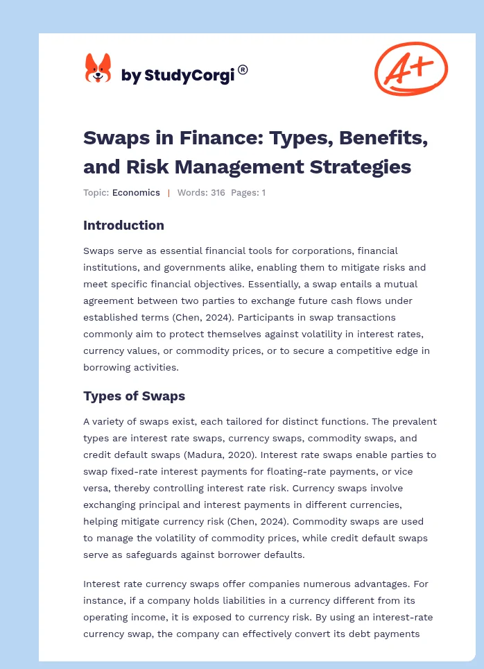 Swaps in Finance: Types, Benefits, and Risk Management Strategies. Page 1