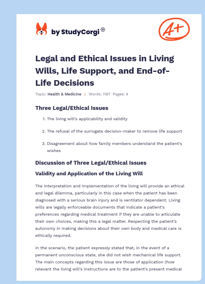 Legal and Ethical Issues in Living Wills, Life Support, and End-of-Life Decisions. Page 1