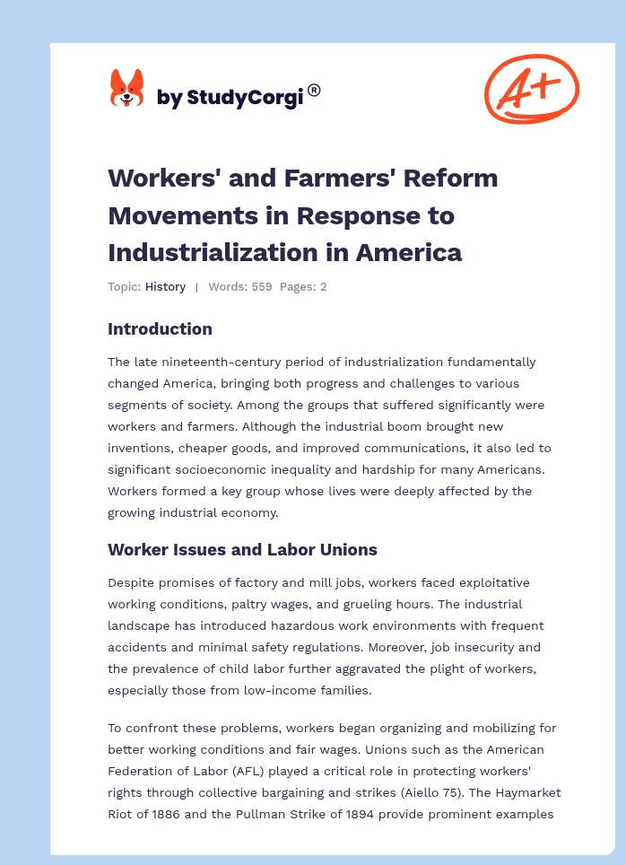 Workers' and Farmers' Reform Movements in Response to Industrialization in America. Page 1