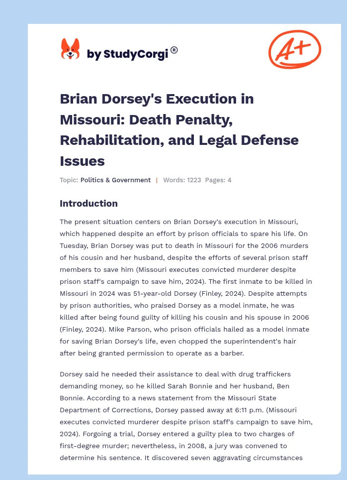 Brian Dorsey's Execution in Missouri: Death Penalty, Rehabilitation, and Legal Defense Issues. Page 1