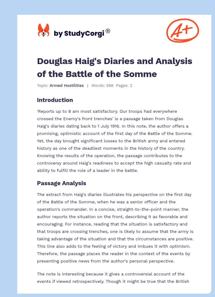 Douglas Haig's Diaries and Analysis of the Battle of the Somme. Page 1