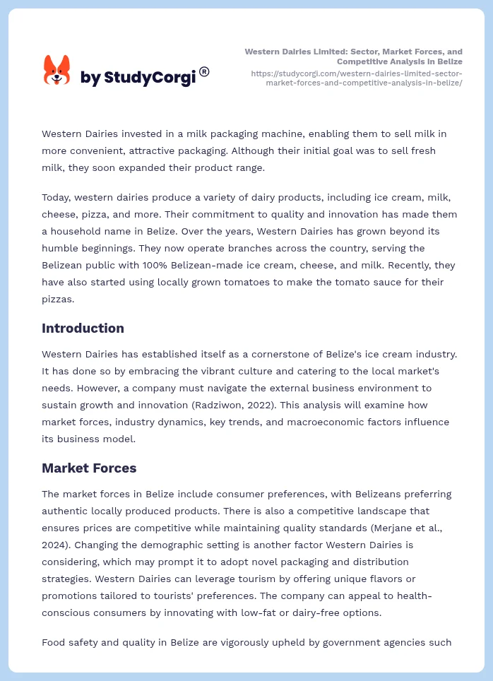 Western Dairies Limited: Sector, Market Forces, and Competitive Analysis in Belize. Page 2