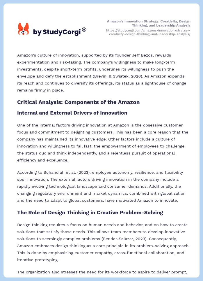 Amazon's Innovation Strategy: Creativity, Design Thinking, and Leadership Analysis. Page 2
