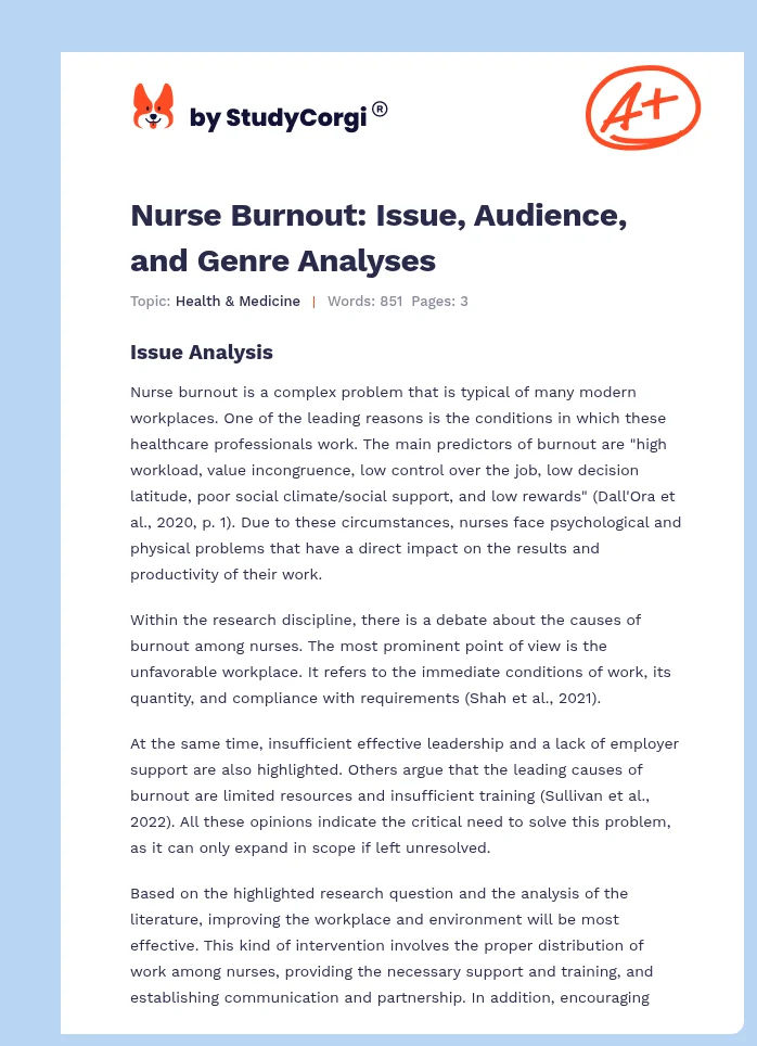 Nurse Burnout: Issue, Audience, and Genre Analyses. Page 1