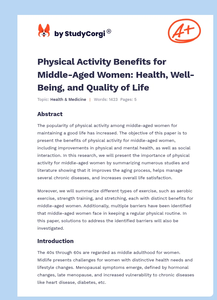 Physical Activity Benefits for Middle-Aged Women: Health, Well-Being, and Quality of Life. Page 1