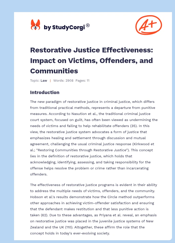 Restorative Justice Effectiveness: Impact on Victims, Offenders, and Communities. Page 1