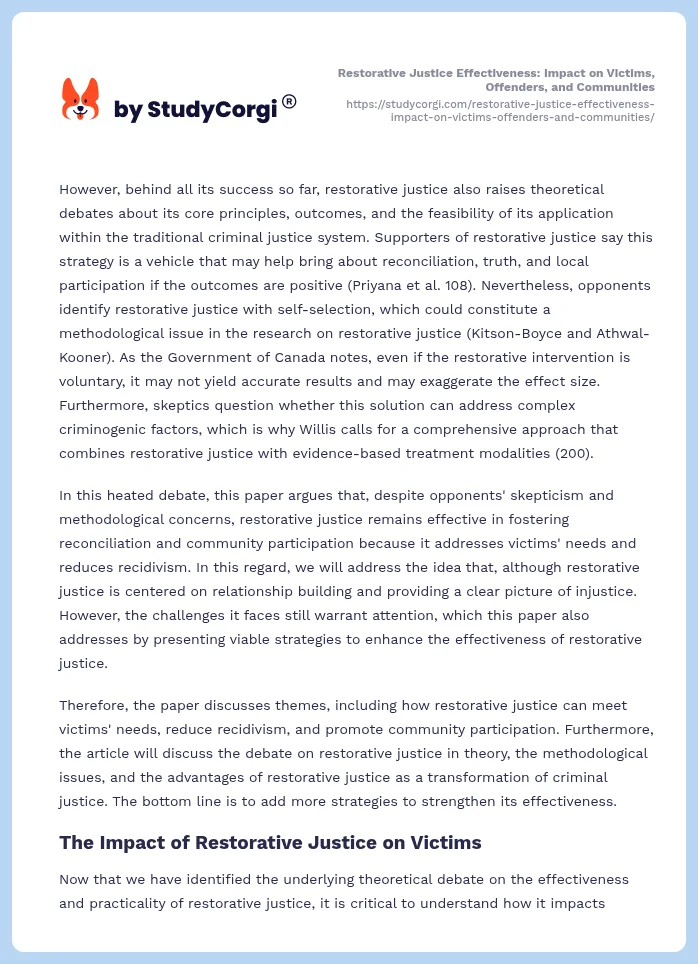 Restorative Justice Effectiveness: Impact on Victims, Offenders, and Communities. Page 2