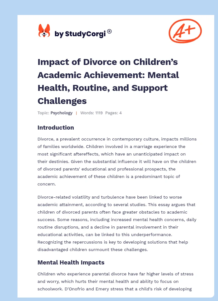 Impact of Divorce on Children’s Academic Achievement: Mental Health, Routine, and Support Challenges. Page 1