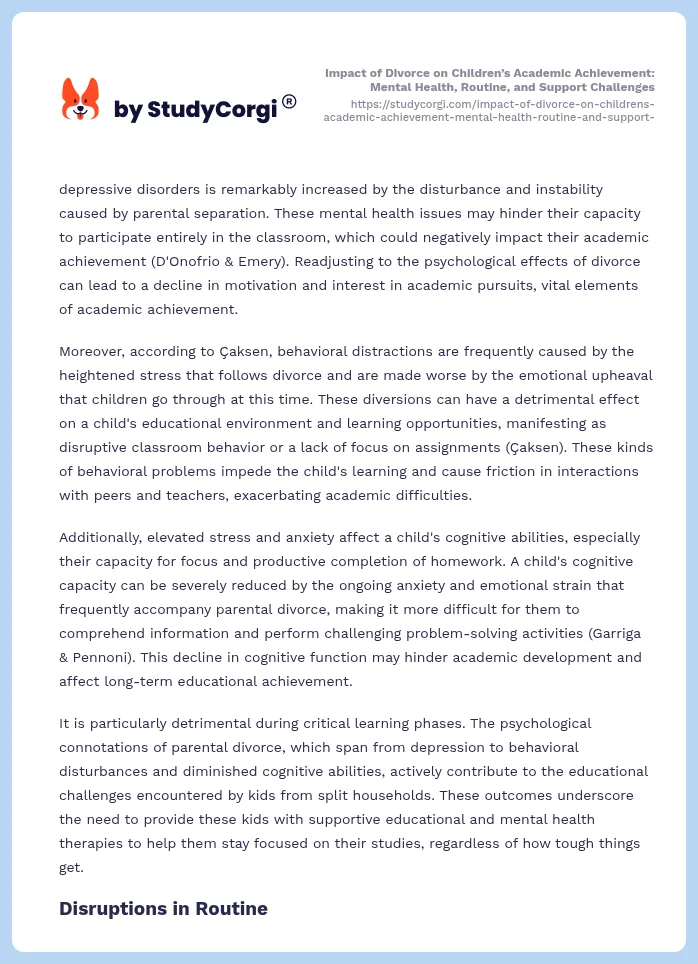 Impact of Divorce on Children’s Academic Achievement: Mental Health, Routine, and Support Challenges. Page 2