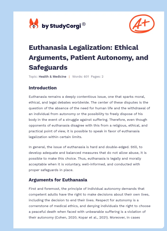 Euthanasia Legalization: Ethical Arguments, Patient Autonomy, and Safeguards. Page 1