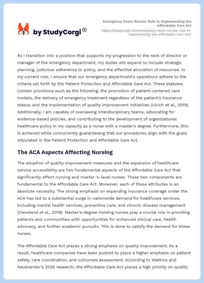 Emergency Room Nurses' Role in Implementing the Affordable Care Act. Page 2