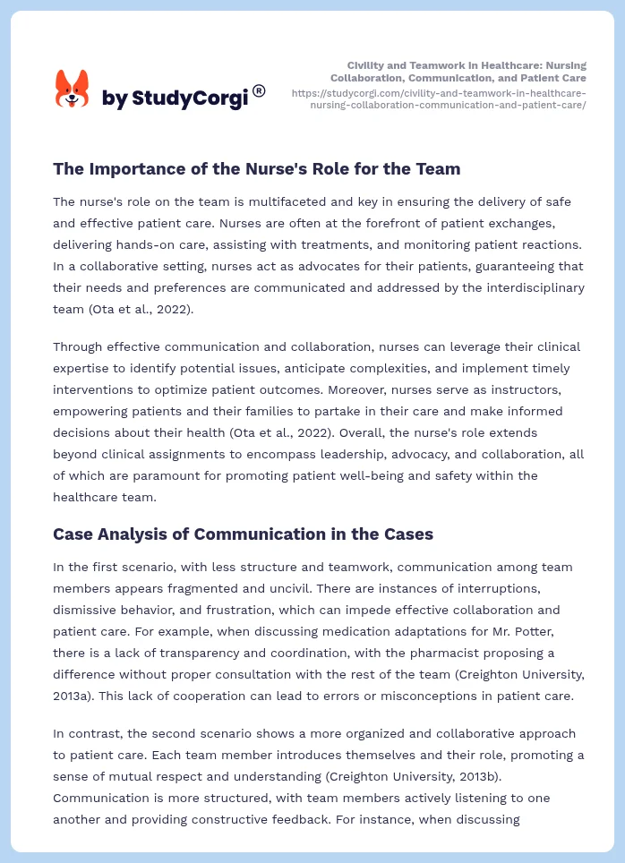 Civility and Teamwork in Healthcare: Nursing Collaboration, Communication, and Patient Care. Page 2