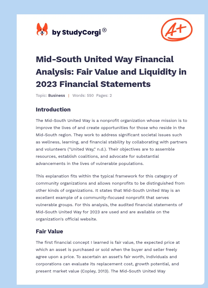 Mid-South United Way Financial Analysis: Fair Value and Liquidity in 2023 Financial Statements. Page 1