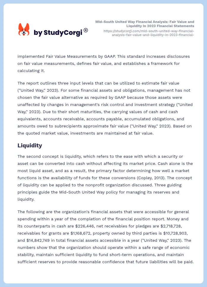 Mid-South United Way Financial Analysis: Fair Value and Liquidity in 2023 Financial Statements. Page 2