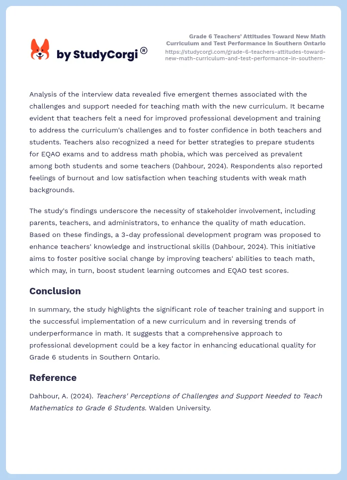 Grade 6 Teachers’ Attitudes Toward New Math Curriculum and Test Performance in Southern Ontario. Page 2