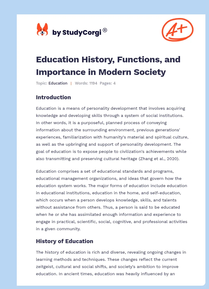 Education History, Functions, and Importance in Modern Society. Page 1