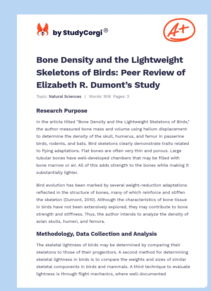 Bone Density and the Lightweight Skeletons of Birds: Peer Review of Elizabeth R. Dumont’s Study. Page 1
