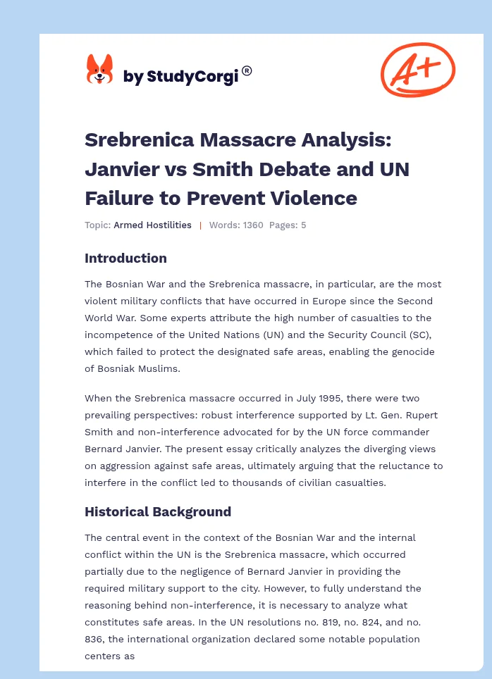 Srebrenica Massacre Analysis: Janvier vs Smith Debate and UN Failure to Prevent Violence. Page 1