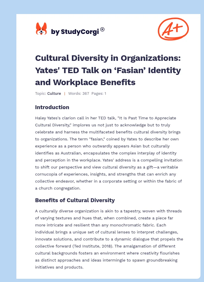 Cultural Diversity in Organizations: Yates' TED Talk on ‘Fasian’ Identity and Workplace Benefits. Page 1