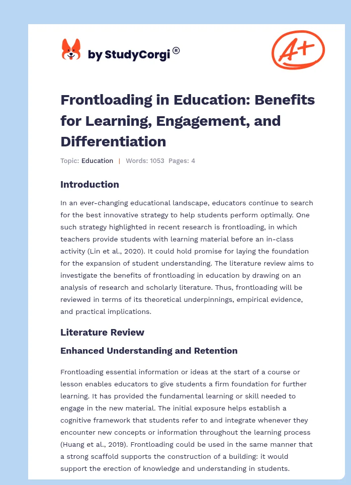 Frontloading in Education: Benefits for Learning, Engagement, and Differentiation. Page 1