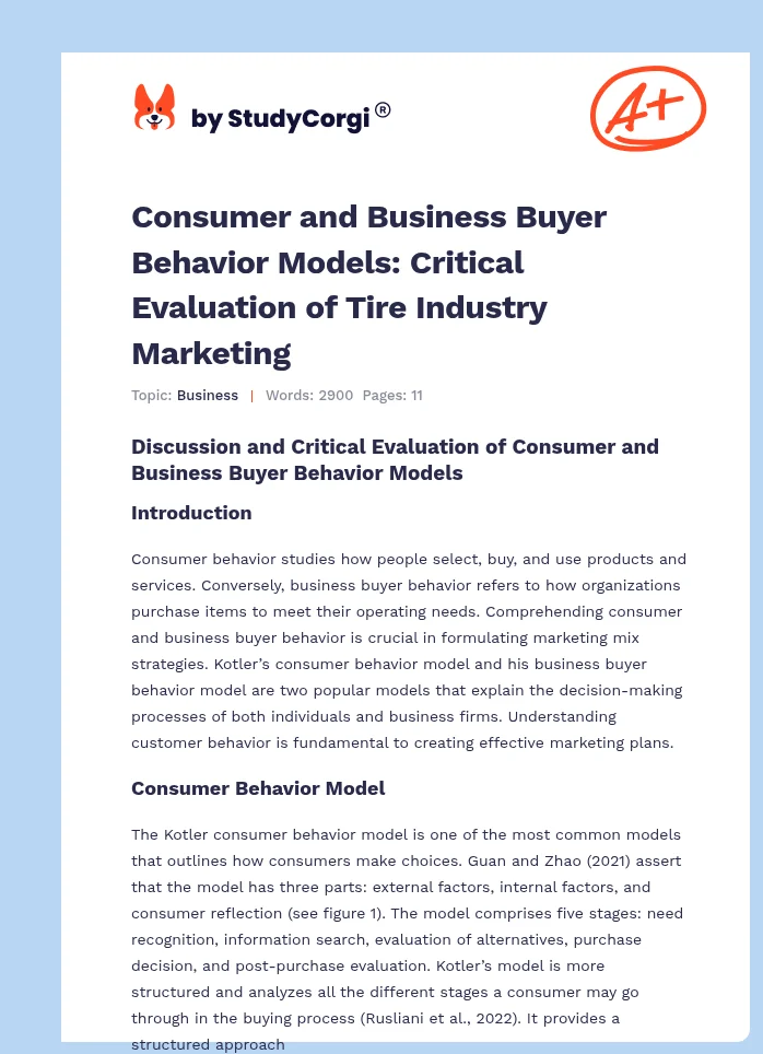Consumer and Business Buyer Behavior Models: Critical Evaluation of Tire Industry Marketing. Page 1