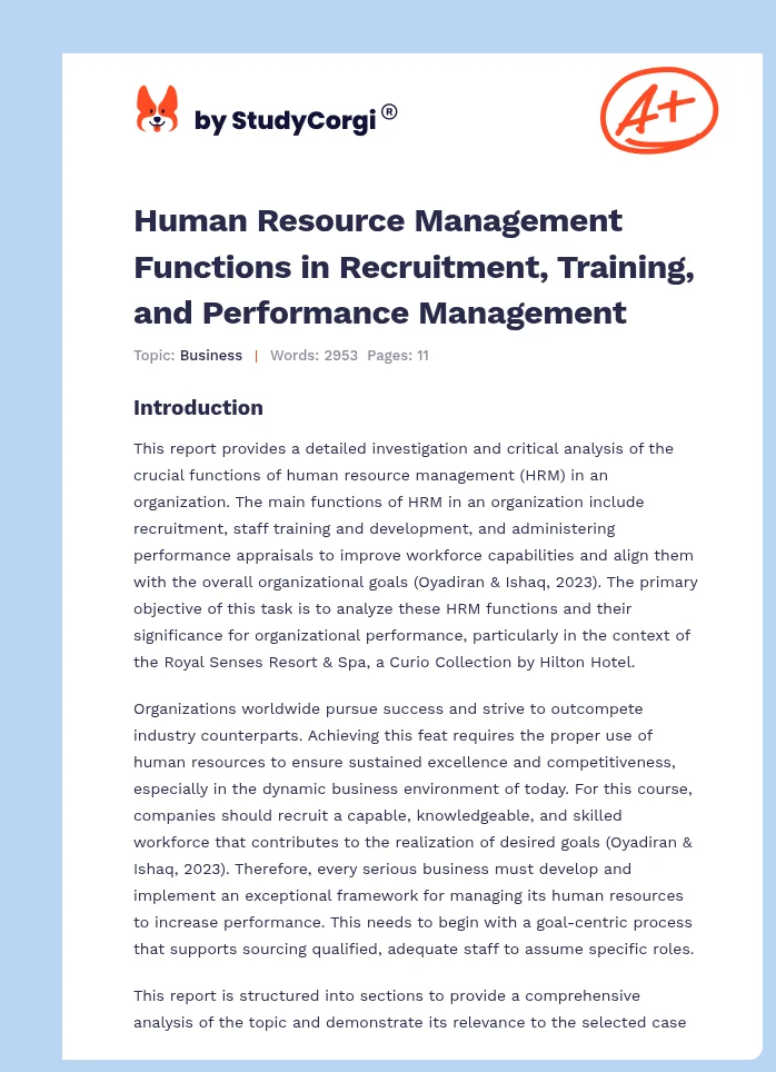 Human Resource Management Functions in Recruitment, Training, and Performance Management. Page 1