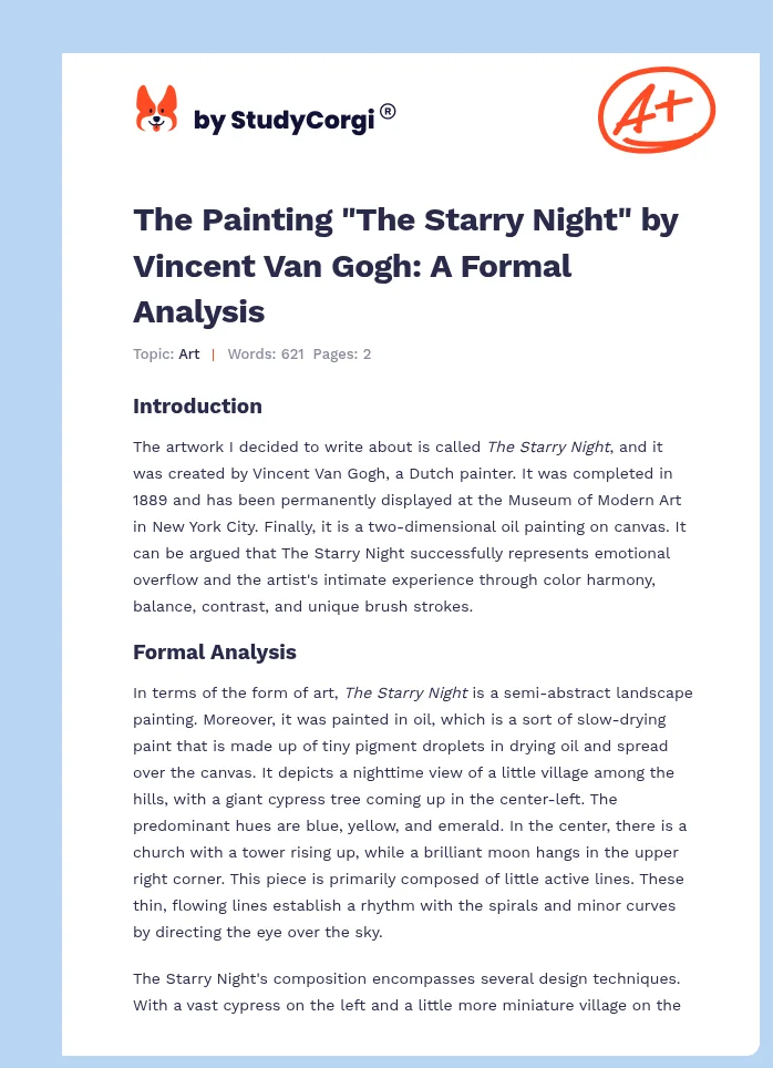 The Painting "The Starry Night" by Vincent Van Gogh: A Formal Analysis. Page 1