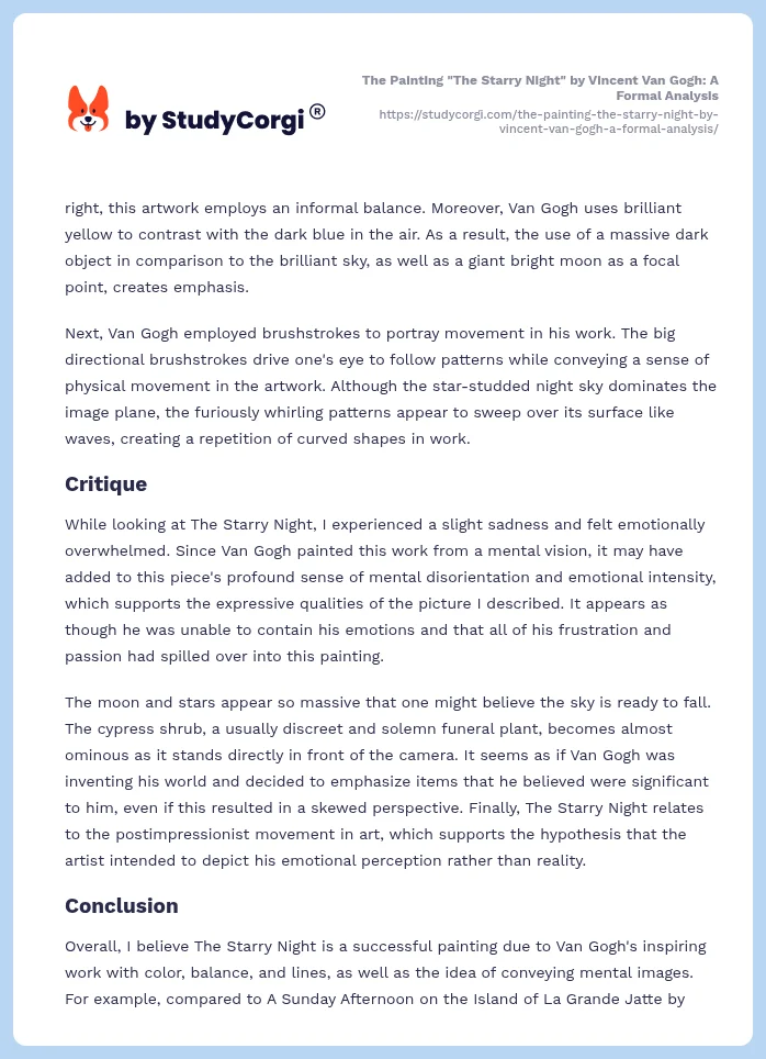 The Painting "The Starry Night" by Vincent Van Gogh: A Formal Analysis. Page 2