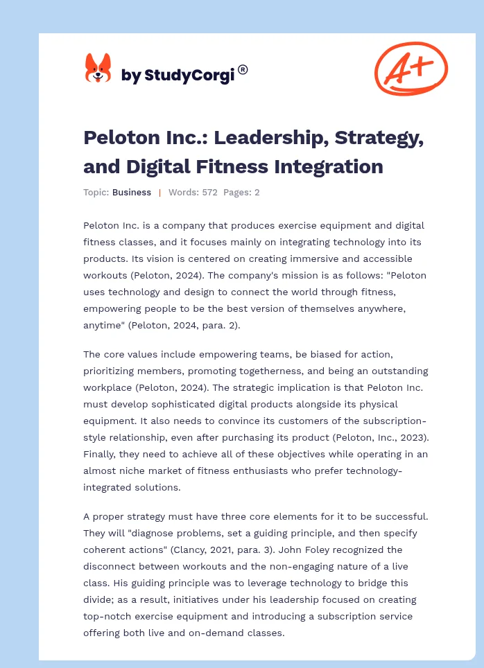 Peloton Inc.: Leadership, Strategy, and Digital Fitness Integration. Page 1