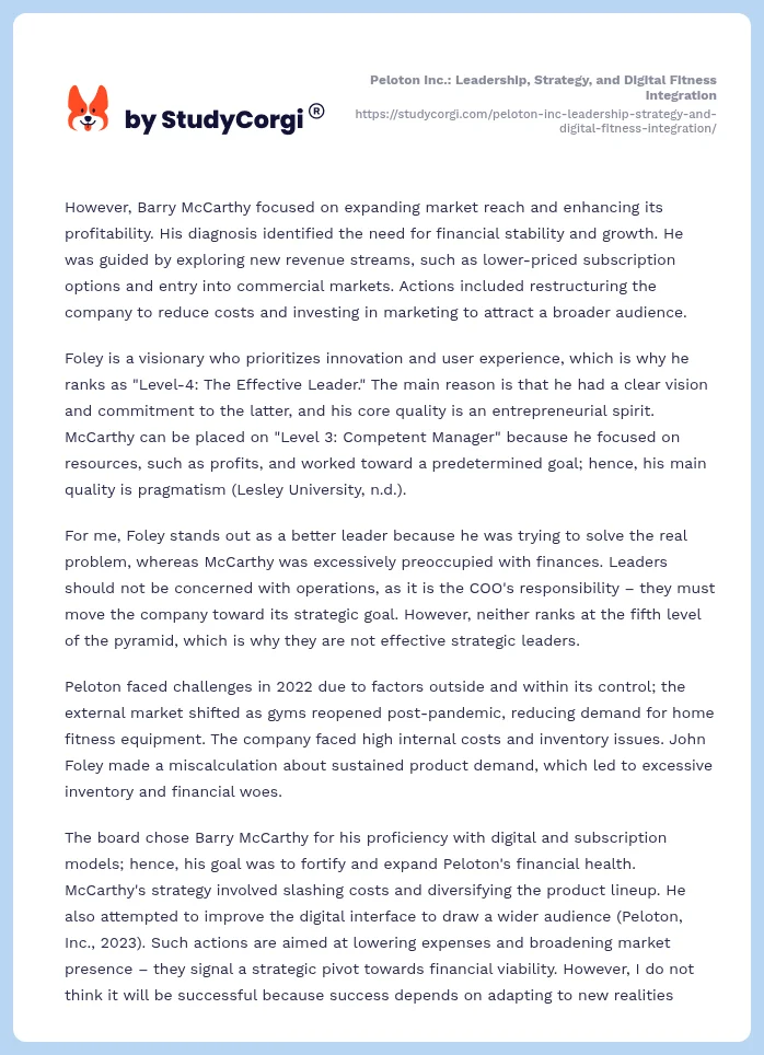 Peloton Inc.: Leadership, Strategy, and Digital Fitness Integration. Page 2