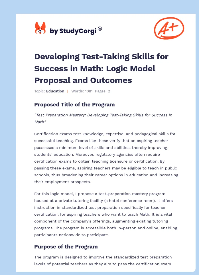 Developing Test-Taking Skills for Success in Math: Logic Model Proposal and Outcomes. Page 1