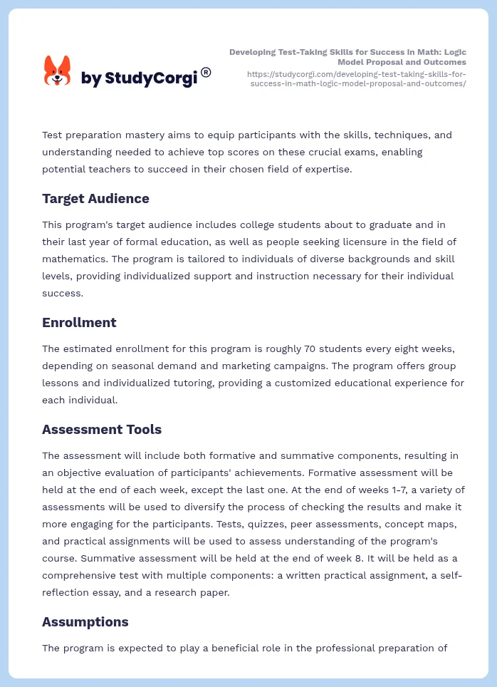 Developing Test-Taking Skills for Success in Math: Logic Model Proposal and Outcomes. Page 2