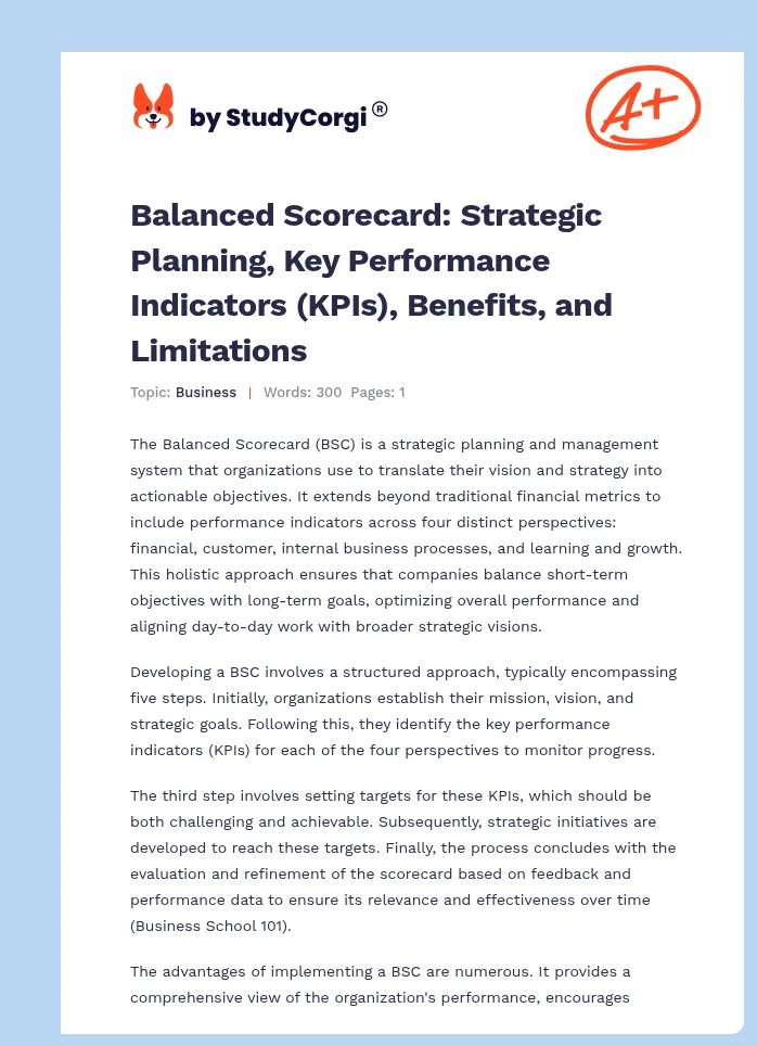 Balanced Scorecard: Strategic Planning, Key Performance Indicators (KPIs), Benefits, and Limitations. Page 1