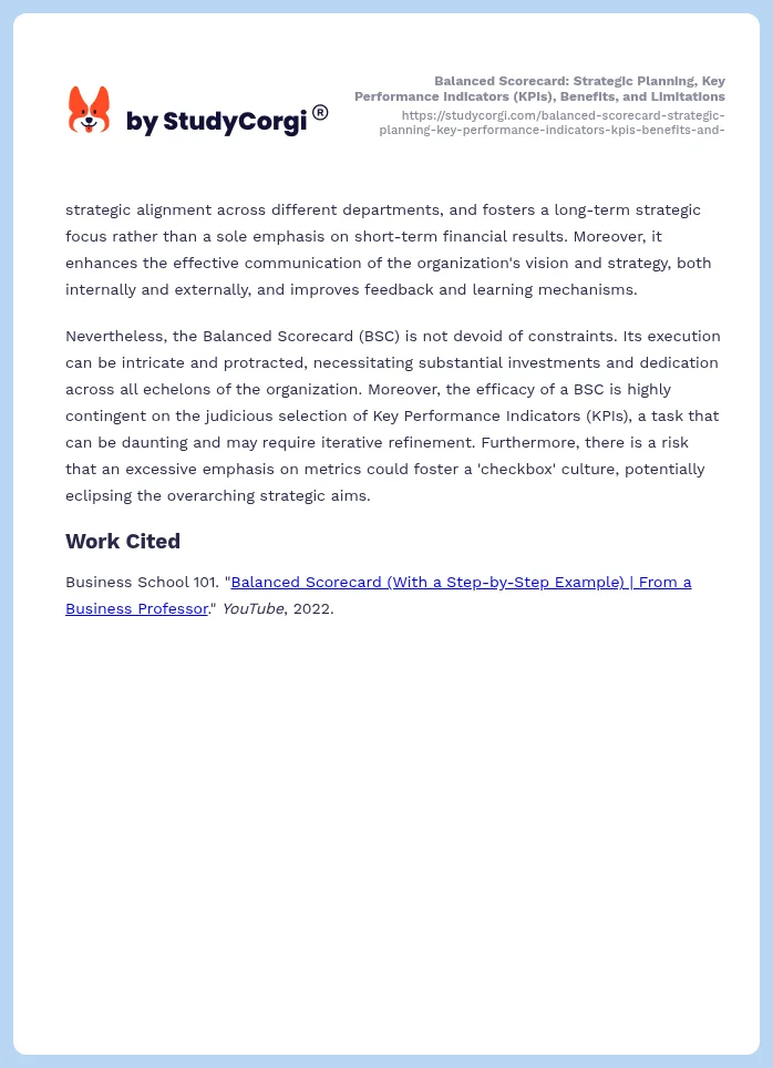 Balanced Scorecard: Strategic Planning, Key Performance Indicators (KPIs), Benefits, and Limitations. Page 2