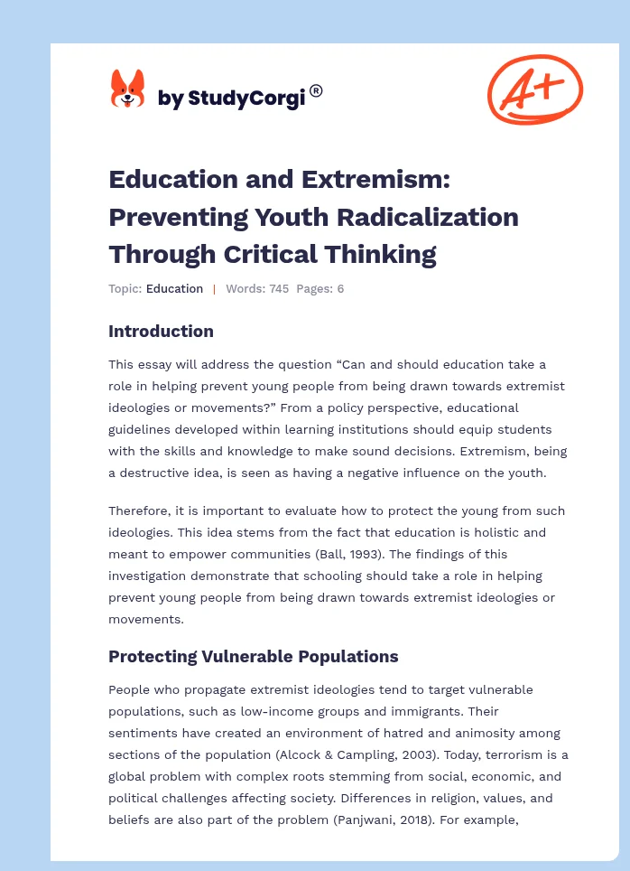 Education and Extremism: Preventing Youth Radicalization Through Critical Thinking. Page 1