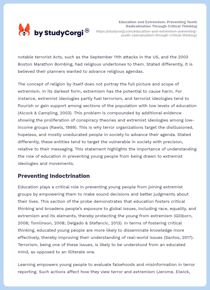 Education and Extremism: Preventing Youth Radicalization Through Critical Thinking. Page 2
