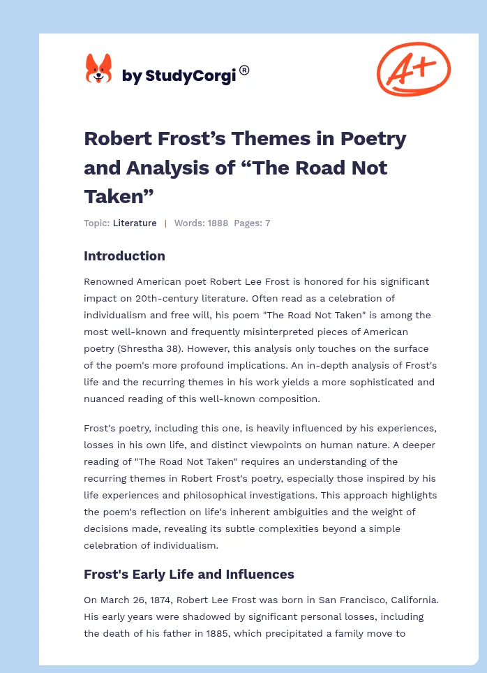 Robert Frost’s Themes in Poetry and Analysis of “The Road Not Taken”. Page 1