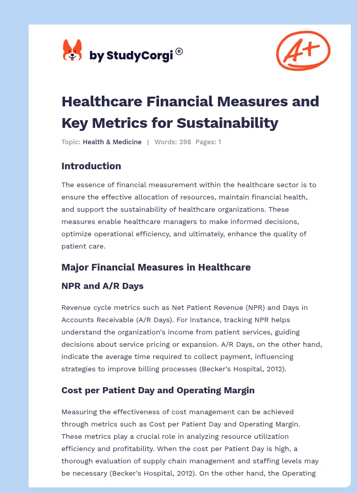 Healthcare Financial Measures and Key Metrics for Sustainability. Page 1