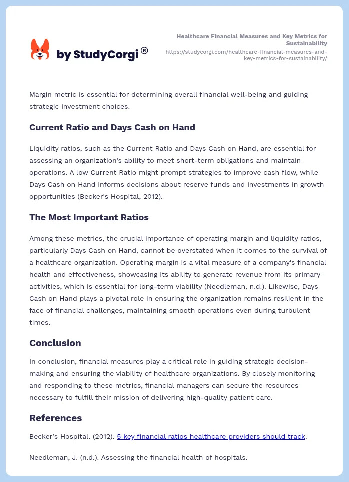 Healthcare Financial Measures and Key Metrics for Sustainability. Page 2