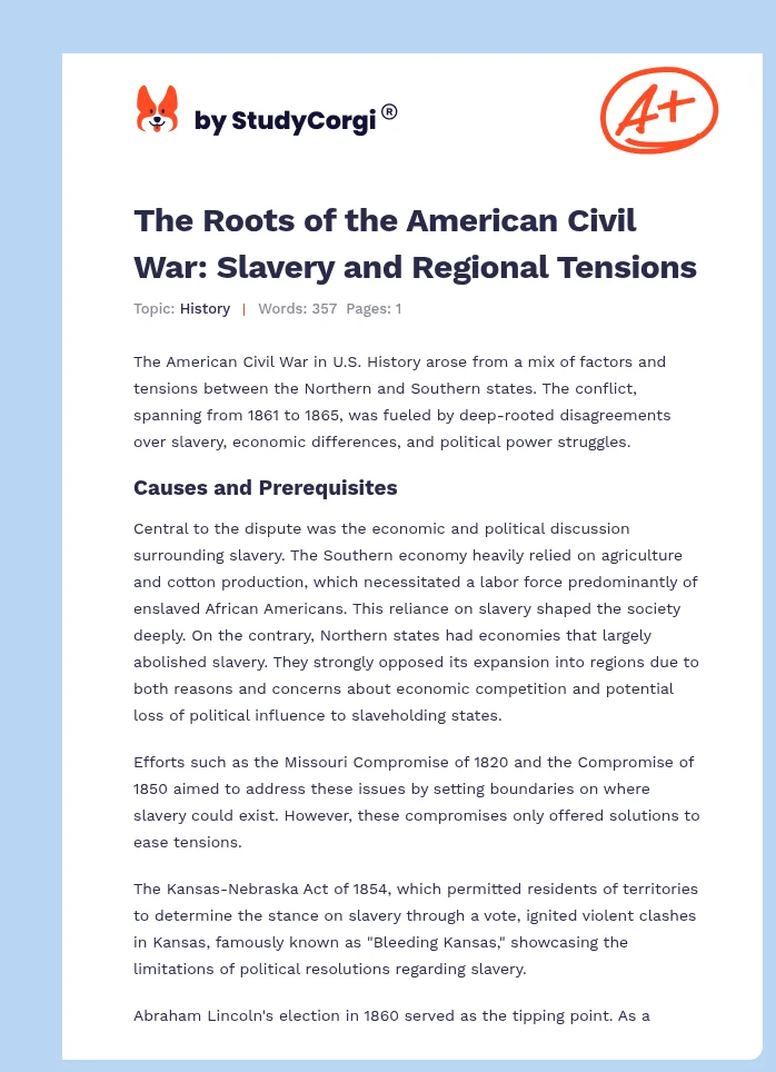 The Roots of the American Civil War: Slavery and Regional Tensions. Page 1