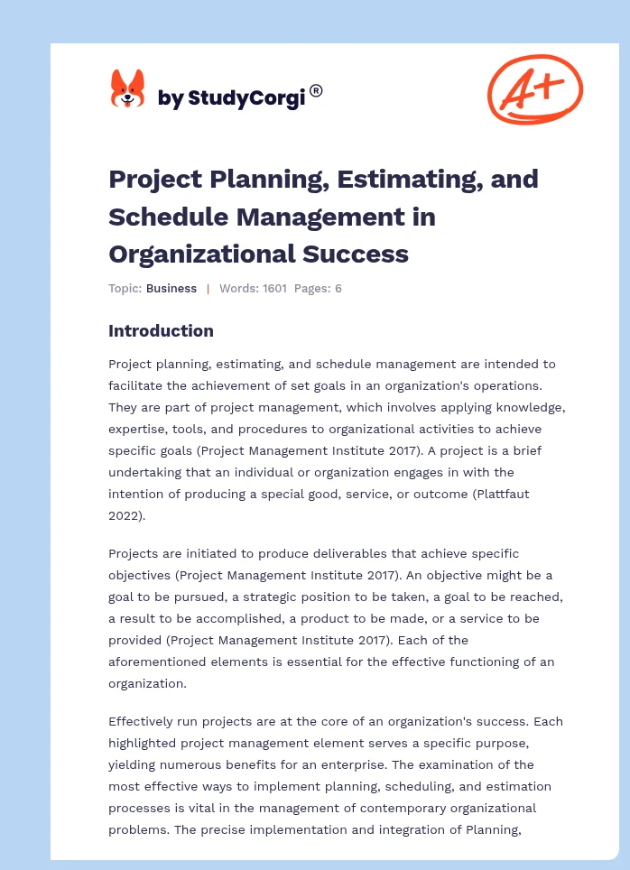 Project Planning, Estimating, and Schedule Management in Organizational Success. Page 1
