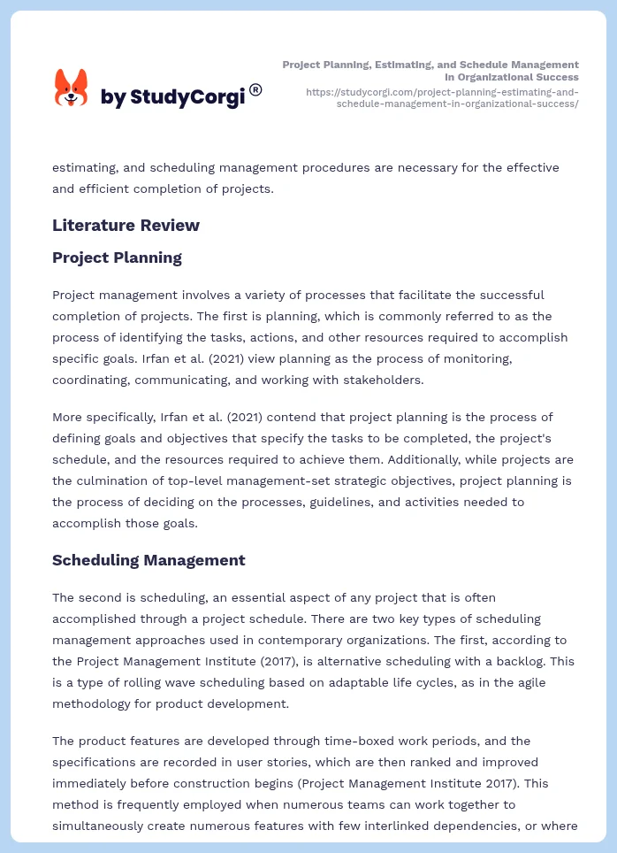 Project Planning, Estimating, and Schedule Management in Organizational Success. Page 2