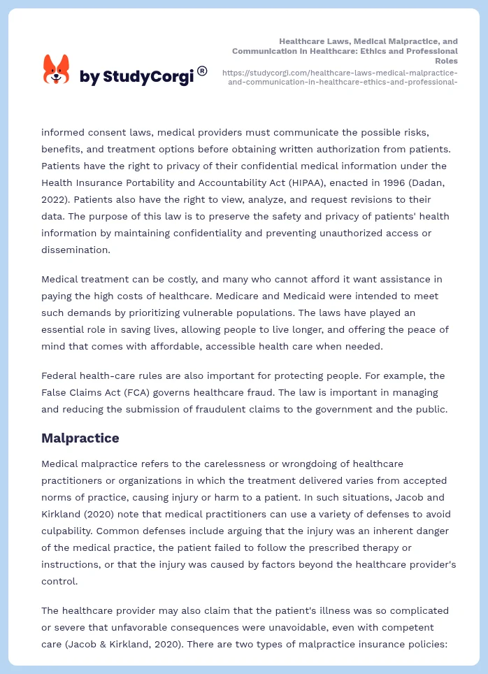Healthcare Laws, Medical Malpractice, and Communication in Healthcare: Ethics and Professional Roles. Page 2