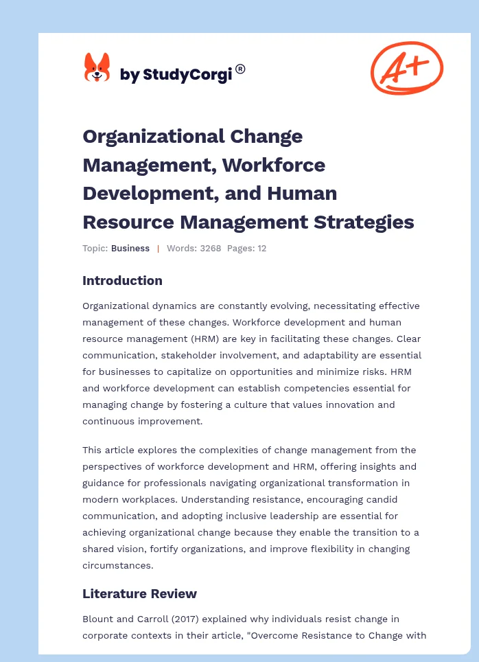 Organizational Change Management, Workforce Development, and Human Resource Management Strategies. Page 1