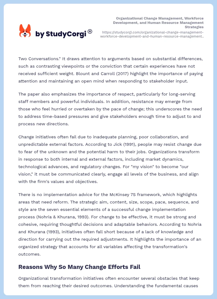 Organizational Change Management, Workforce Development, and Human Resource Management Strategies. Page 2