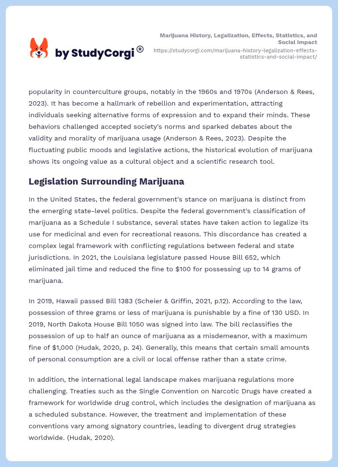 Marijuana History, Legalization, Effects, Statistics, and Social Impact. Page 2