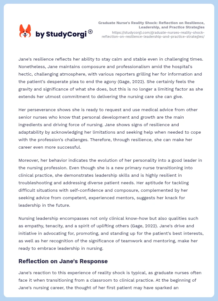 Graduate Nurse's Reality Shock: Reflection on Resilience, Leadership, and Practice Strategies. Page 2