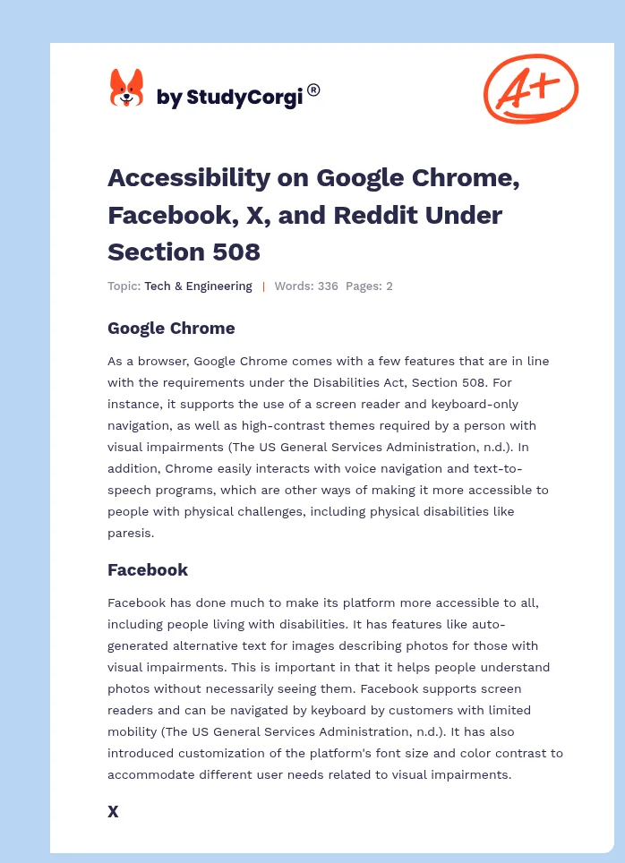 Accessibility on Google Chrome, Facebook, X, and Reddit Under Section 508. Page 1