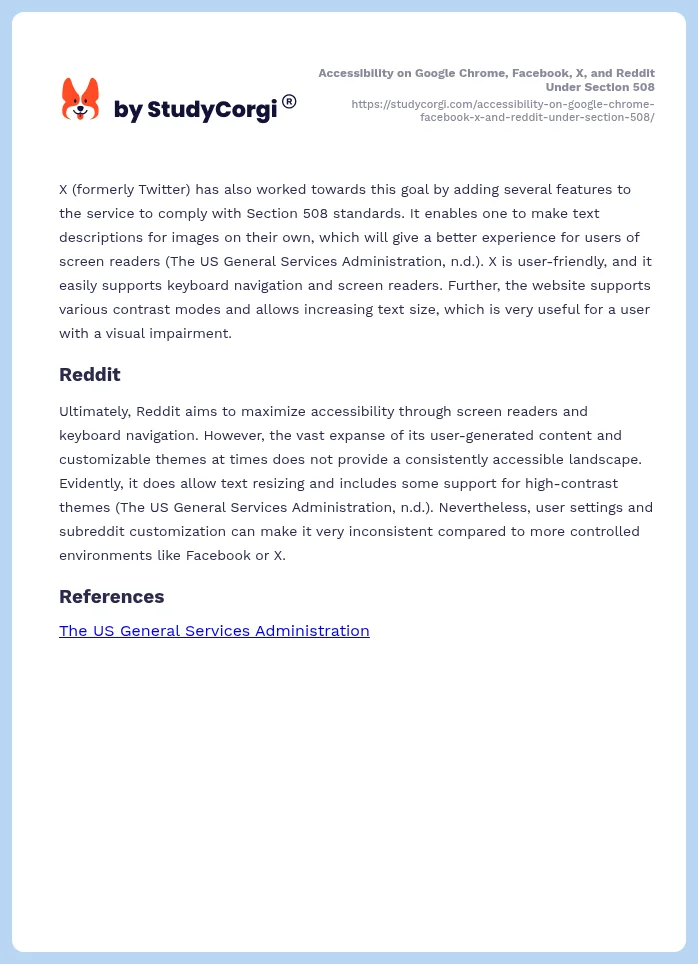 Accessibility on Google Chrome, Facebook, X, and Reddit Under Section 508. Page 2