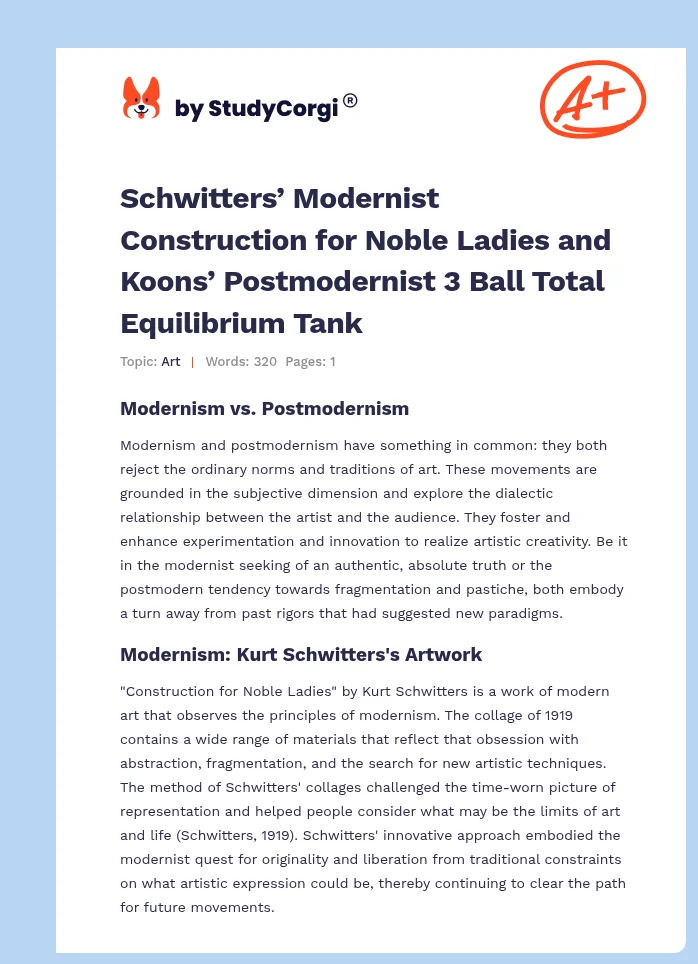 Schwitters’ Modernist Construction for Noble Ladies and Koons’ Postmodernist 3 Ball Total Equilibrium Tank. Page 1